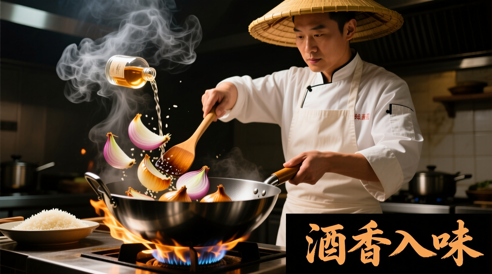 Chef preparing onions with rice wine in wok