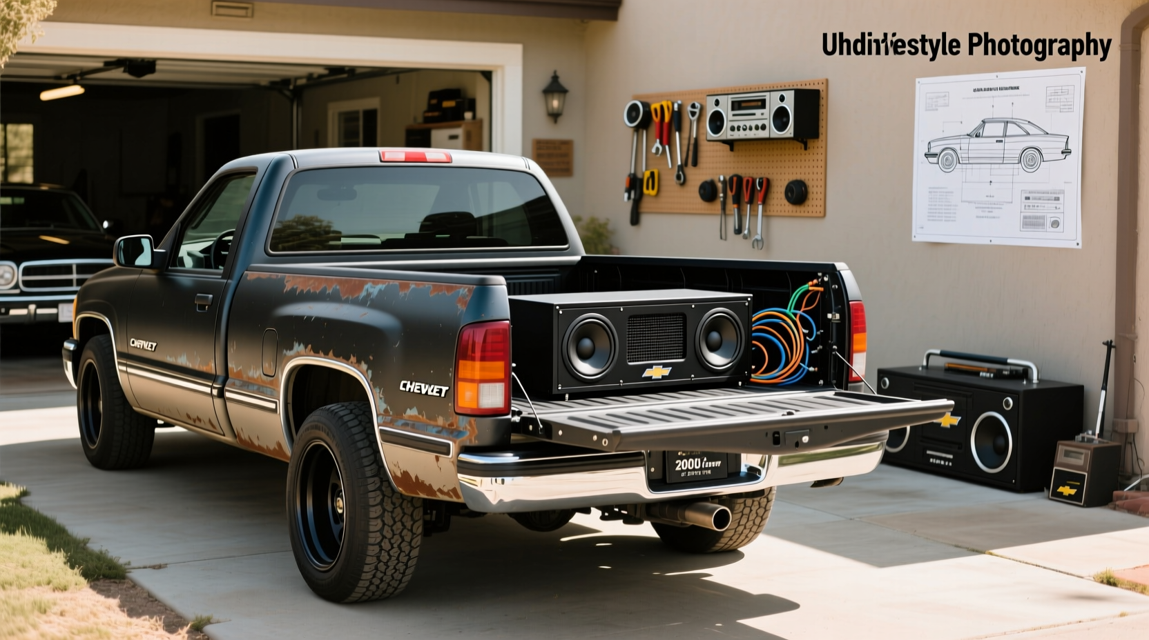 Custom-fitted downfire subwoofer box installed under rear seat of a Chevy S10 extended cab