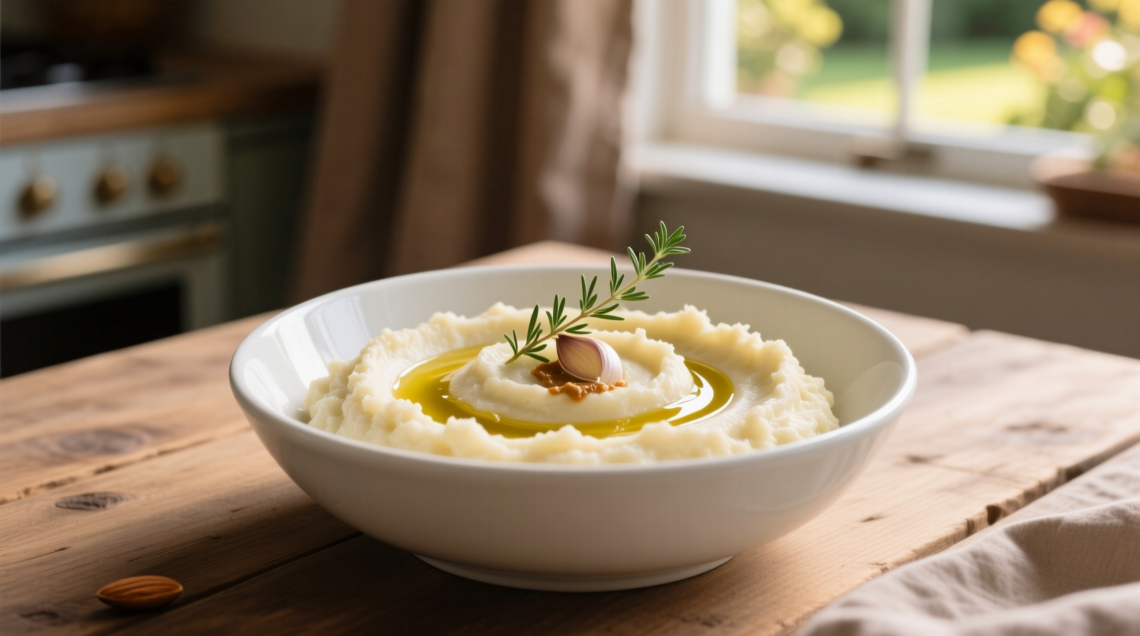 Cauliflower mash alternative in white bowl