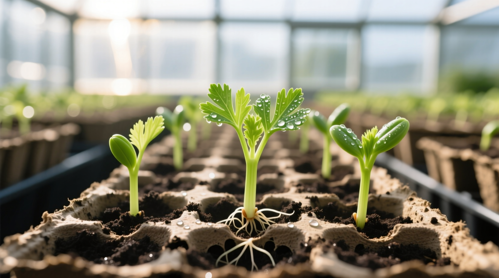 Celery seedlings in starter trays with proper spacing