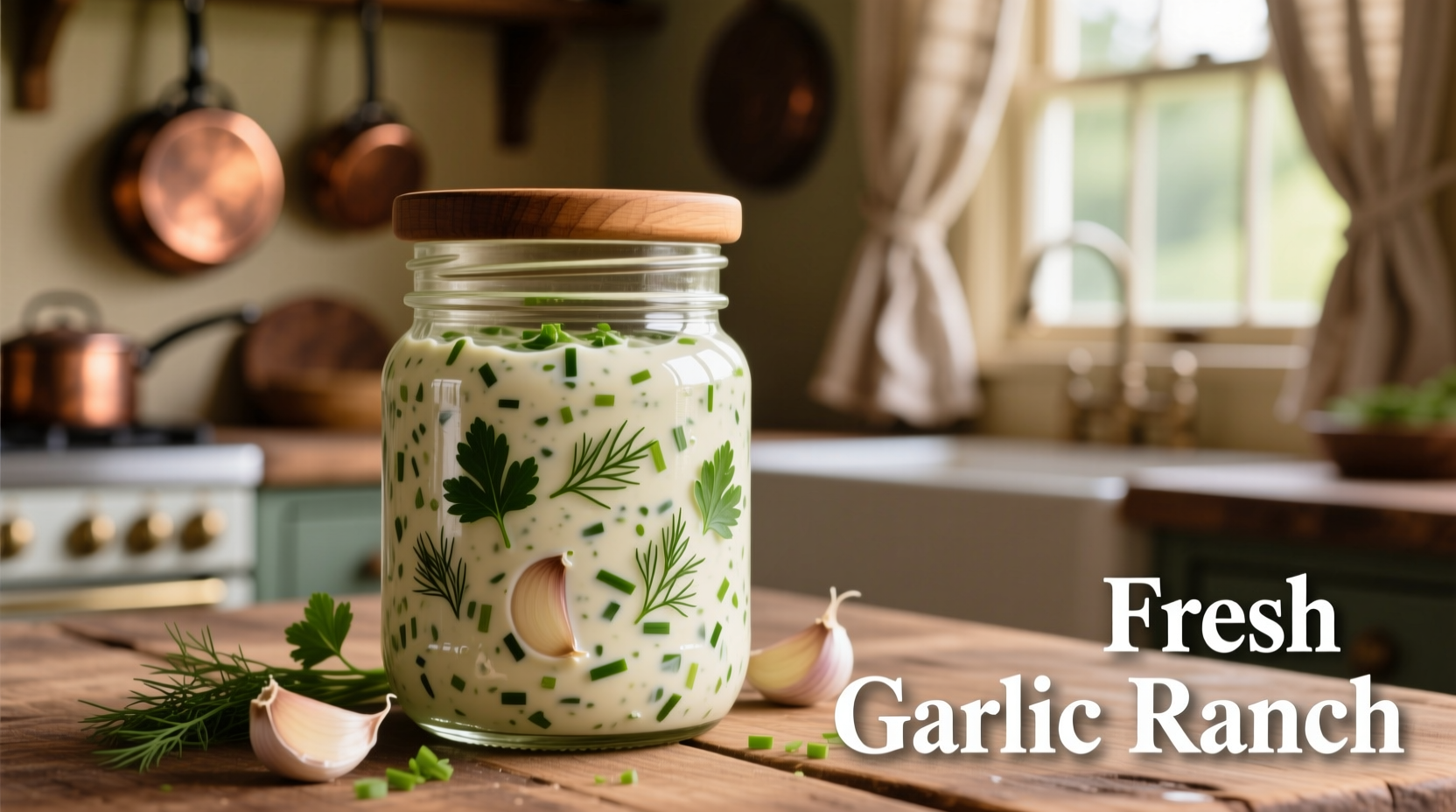 Fresh garlic ranch dressing in mason jar with herbs