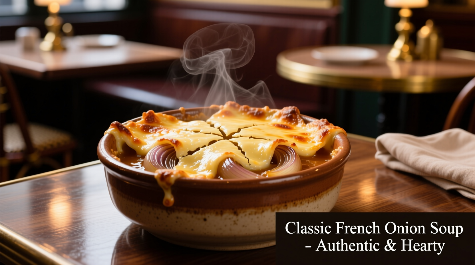 Golden brown French onion soup with melted Gruyere cheese crust