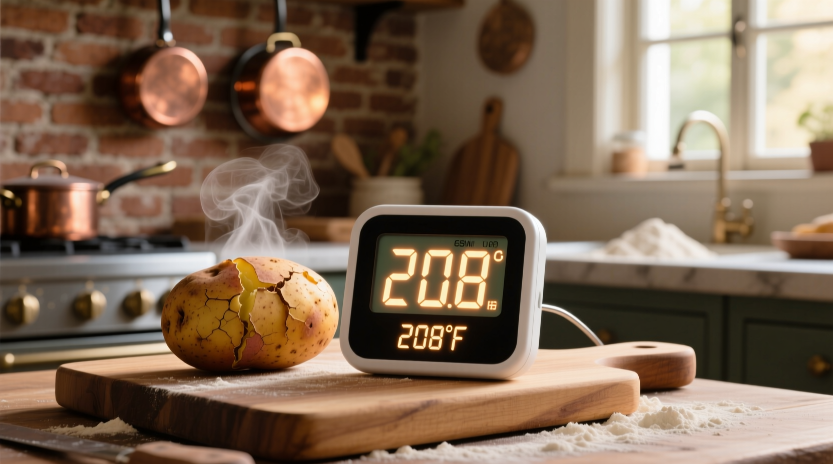 Digitalthermometer bei 208 Grad in Kartoffel