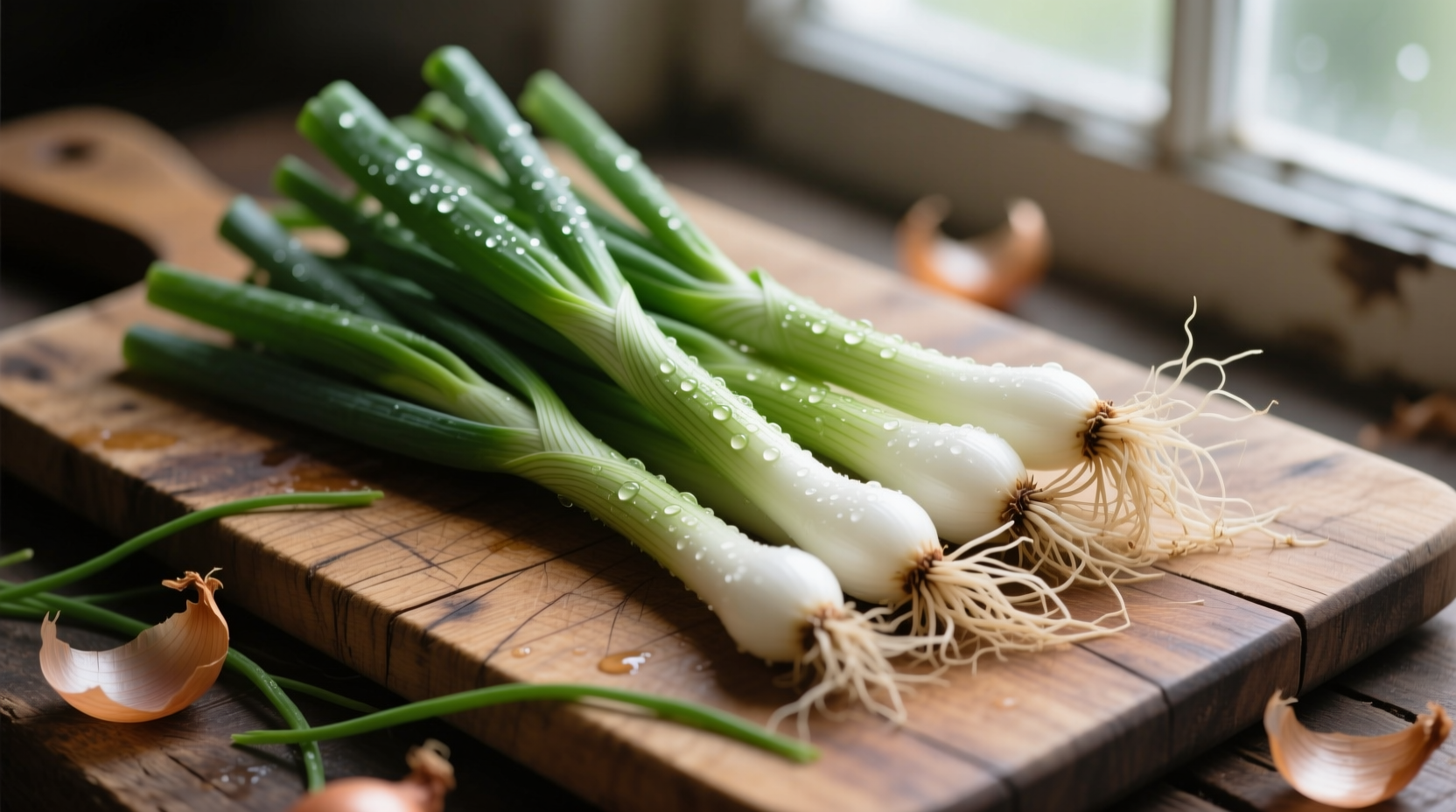 Fresh scallions with roots on wooden cutting board