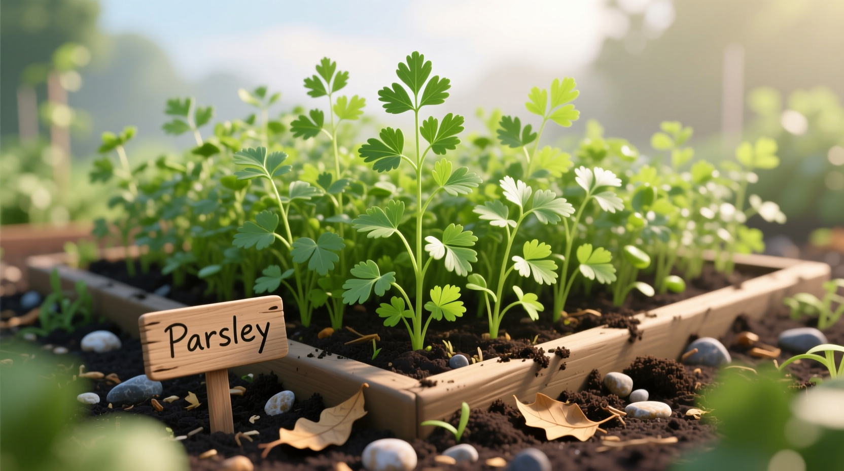 Parsley seedlings in garden bed