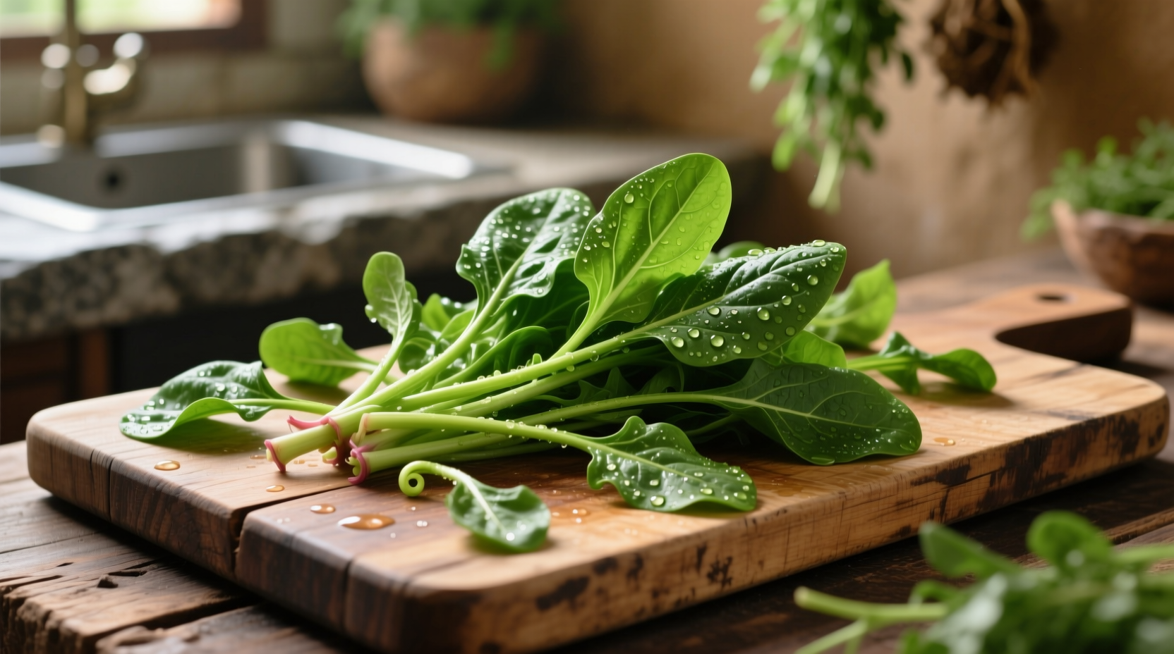 Fresh water spinach on wooden cutting board