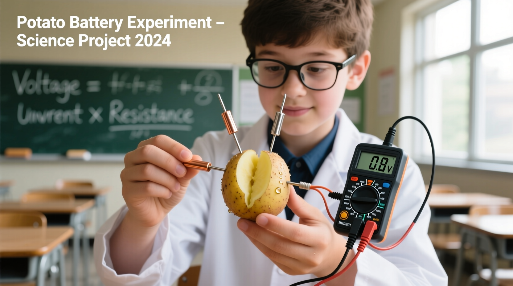 Student demonstrating potato battery science experiment