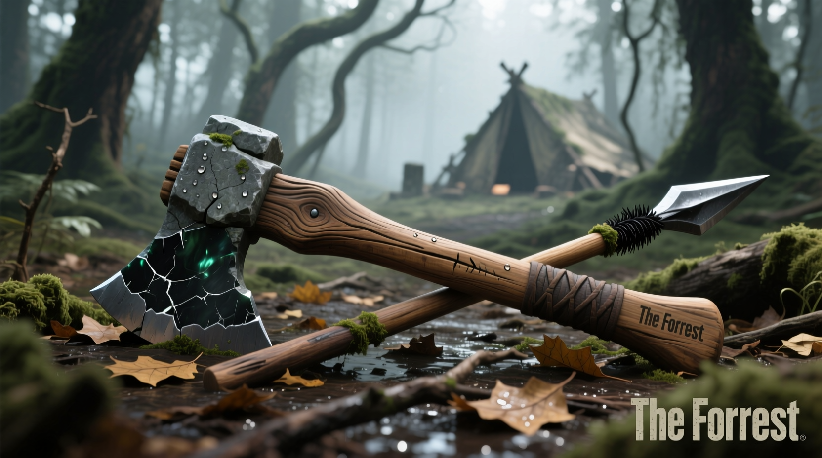 Stone hatchet and wooden spear crafted in The Forest game