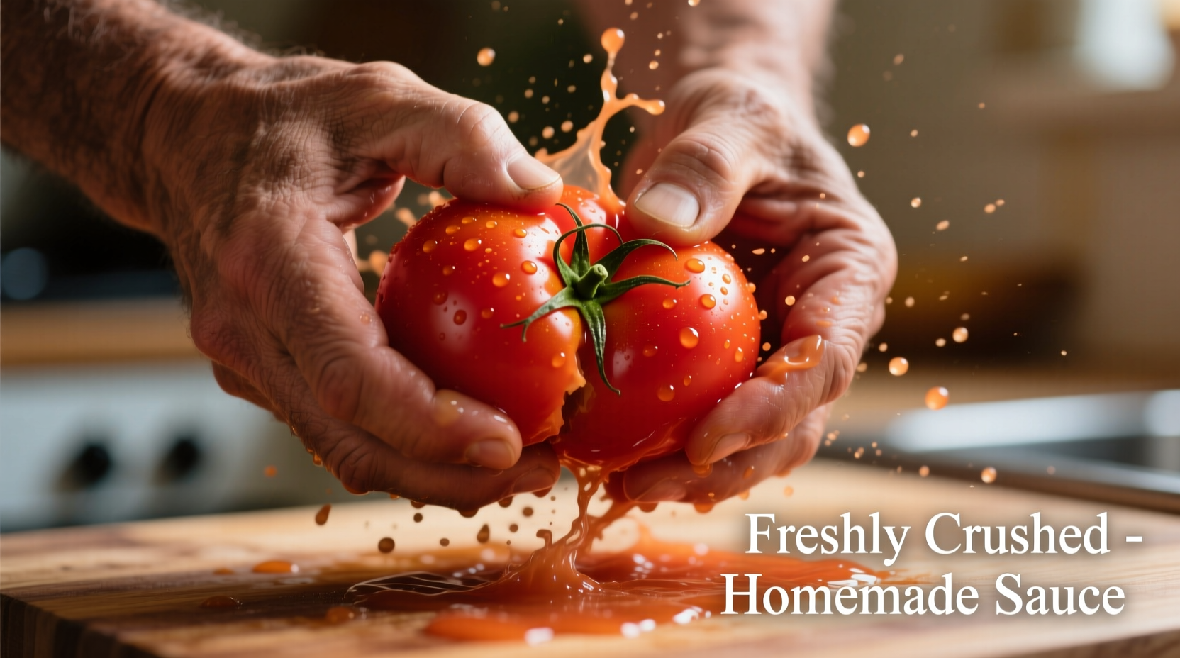 Fresh tomatoes being crushed by hand for sauce