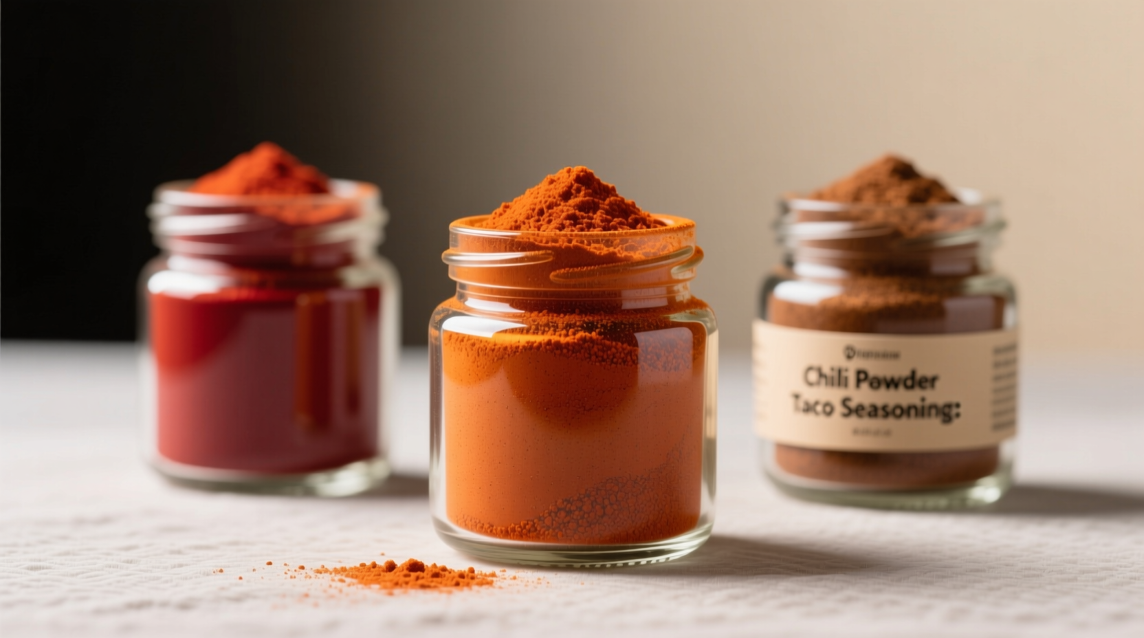 Close-up of three chili powder jars showing color variations: deep red, orange, and brown