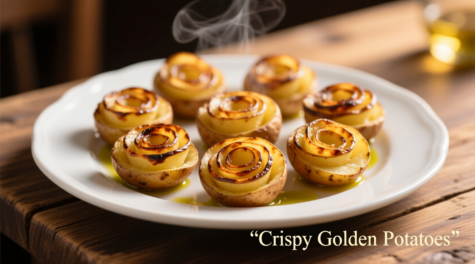 Golden brown potato rosettes arranged on white plate