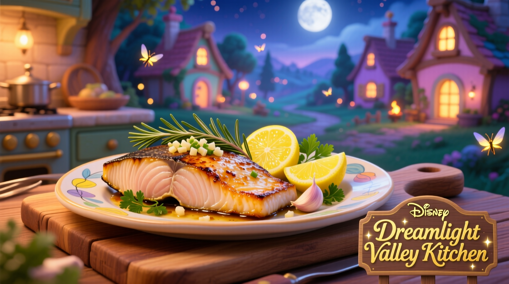 Lemon garlic swordfish dish in Disney Dreamlight Valley