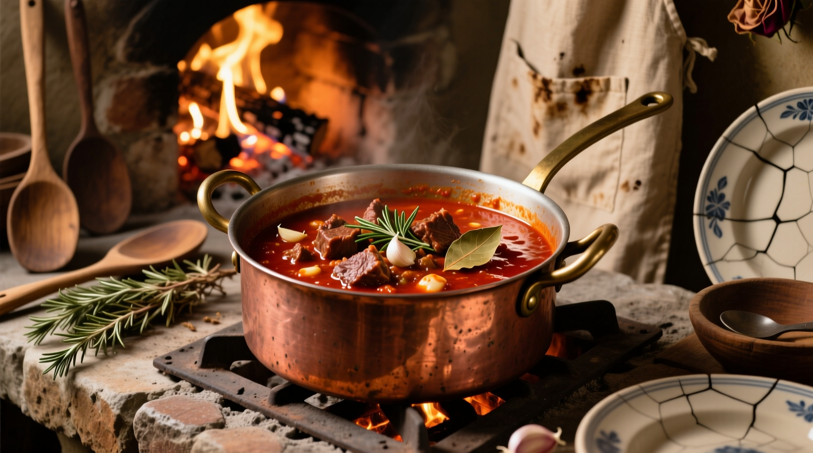 Traditional Italian ragu simmering in copper pot