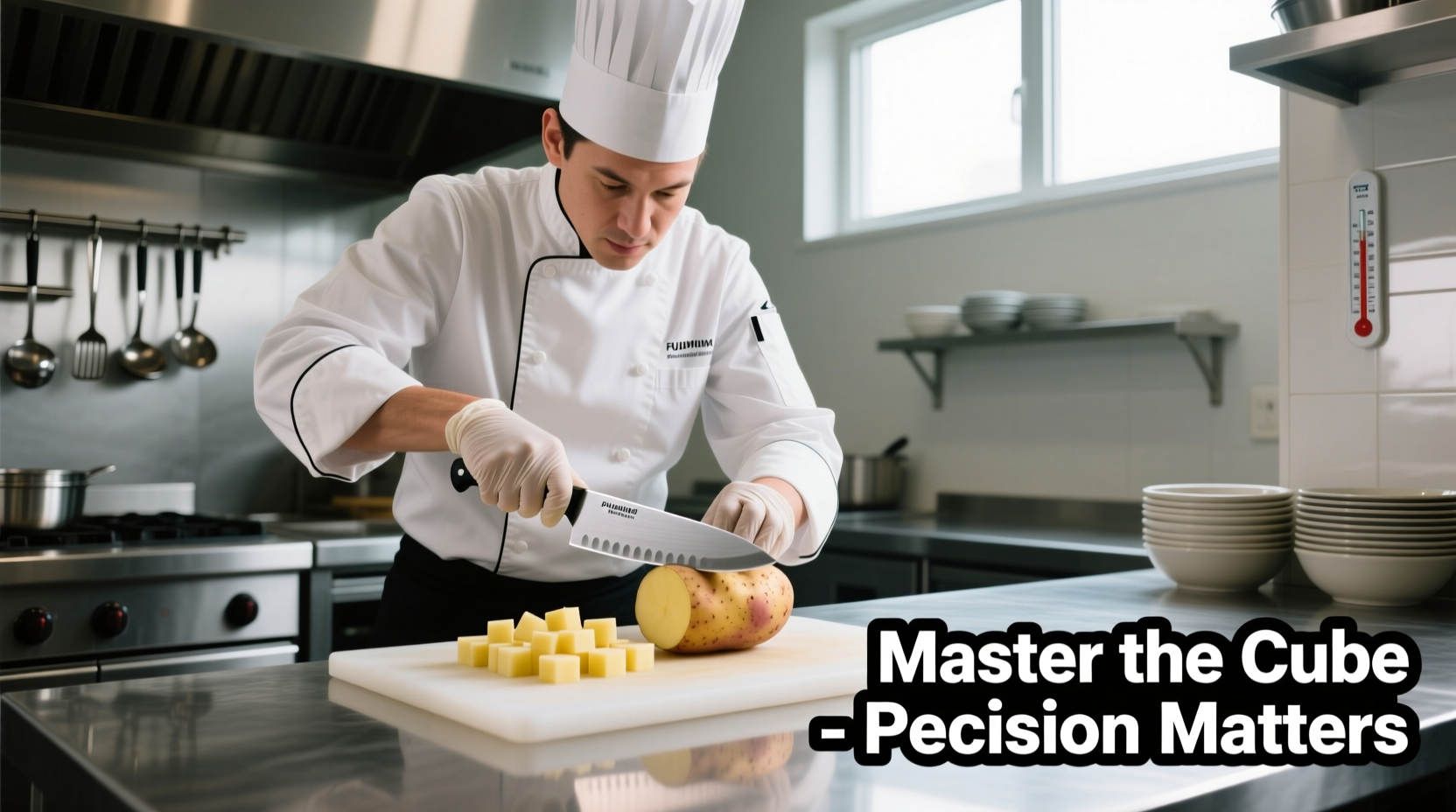Professional chef demonstrating proper potato cubing technique