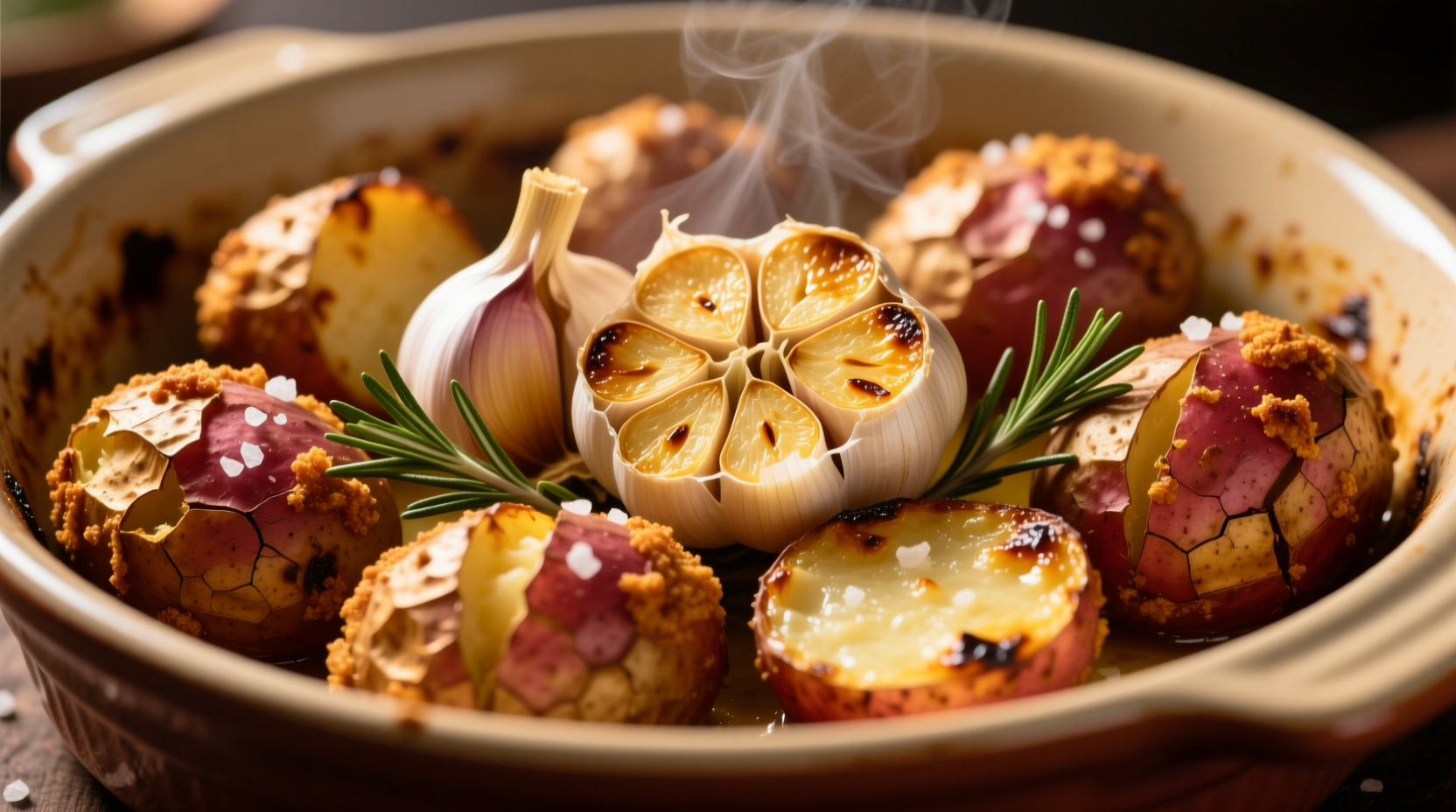 Golden roasted red potatoes with garlic cloves