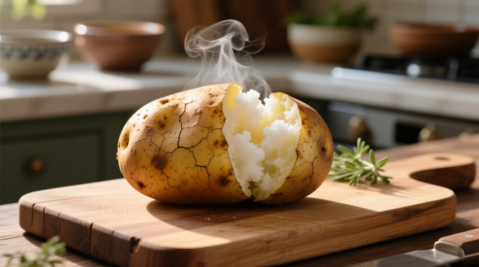 Perfectly baked russet potato with crisp skin and fluffy interior