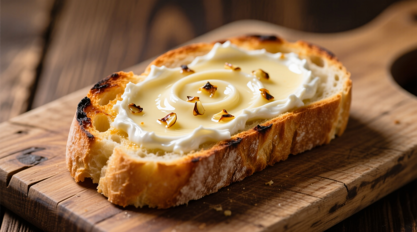 Perfectly golden cream cheese garlic bread on wooden cutting board