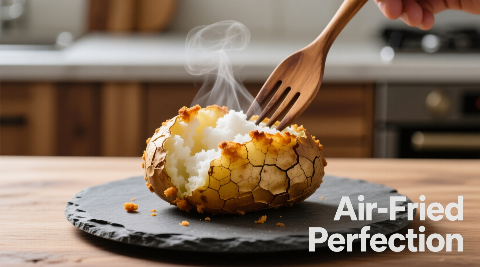 Crispy air fried baked potato with fork showing fluffy interior