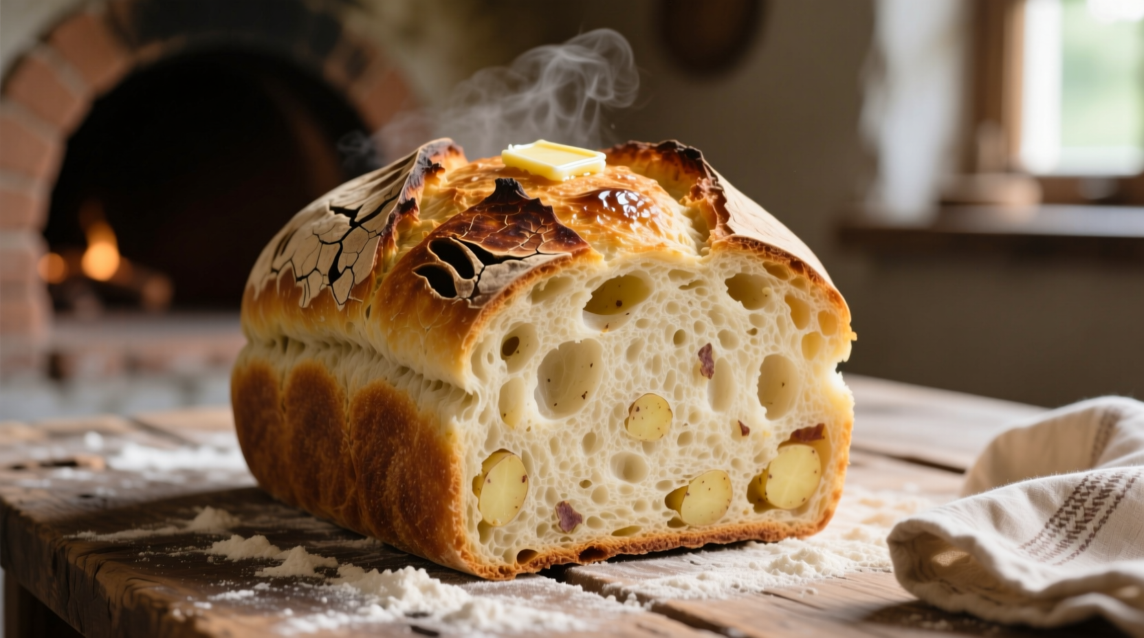 Homemade potato bread loaf with golden crust