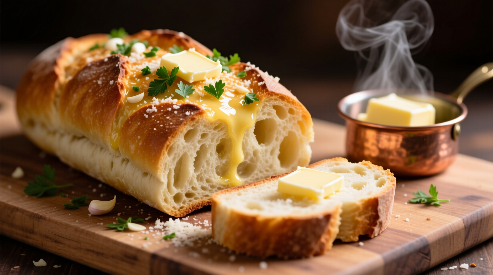 Freshly baked garlic bread with melted butter and herbs