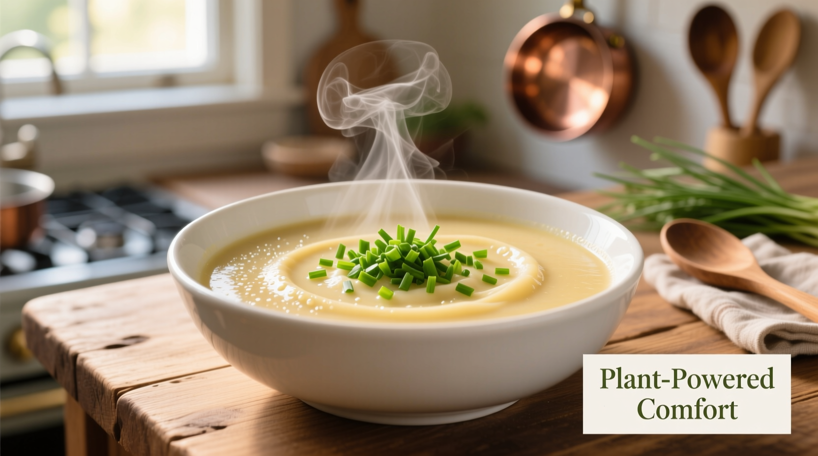 Creamy vegan potato soup in white bowl with fresh chives