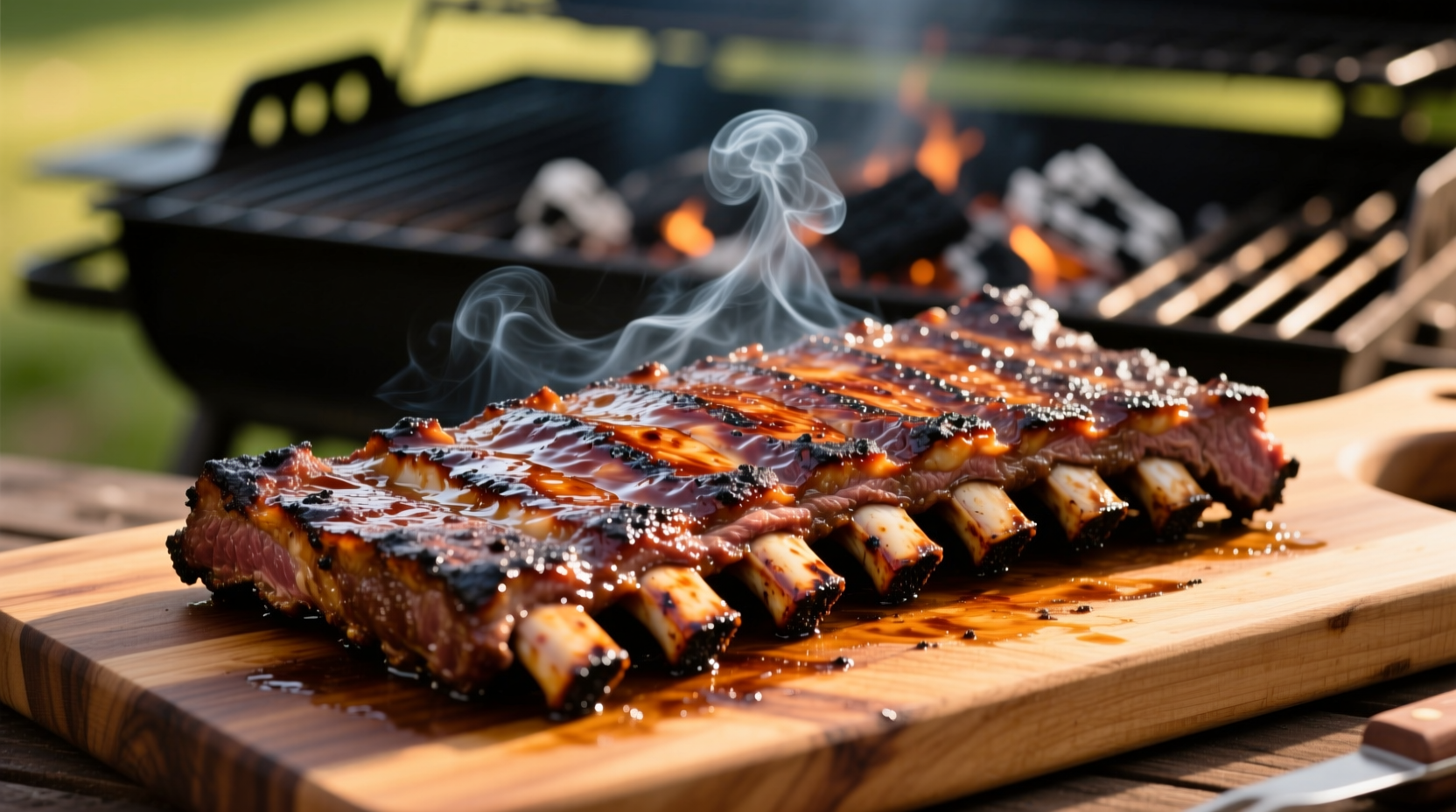Perfectly grilled beef ribs with smoke ring and bark