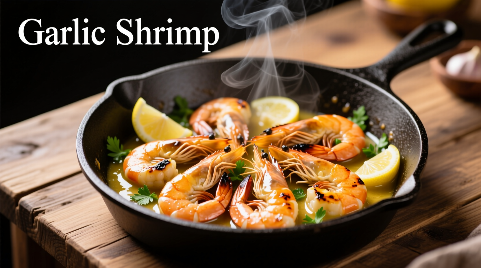 Perfectly cooked garlic shrimp in skillet with lemon