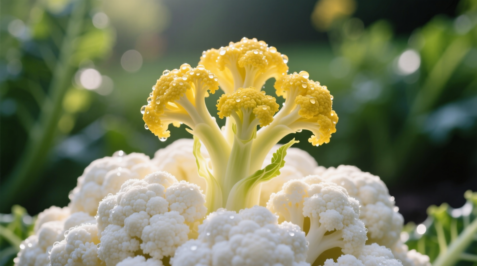 Close-up of yellow cauliflower flowers emerging from white curd