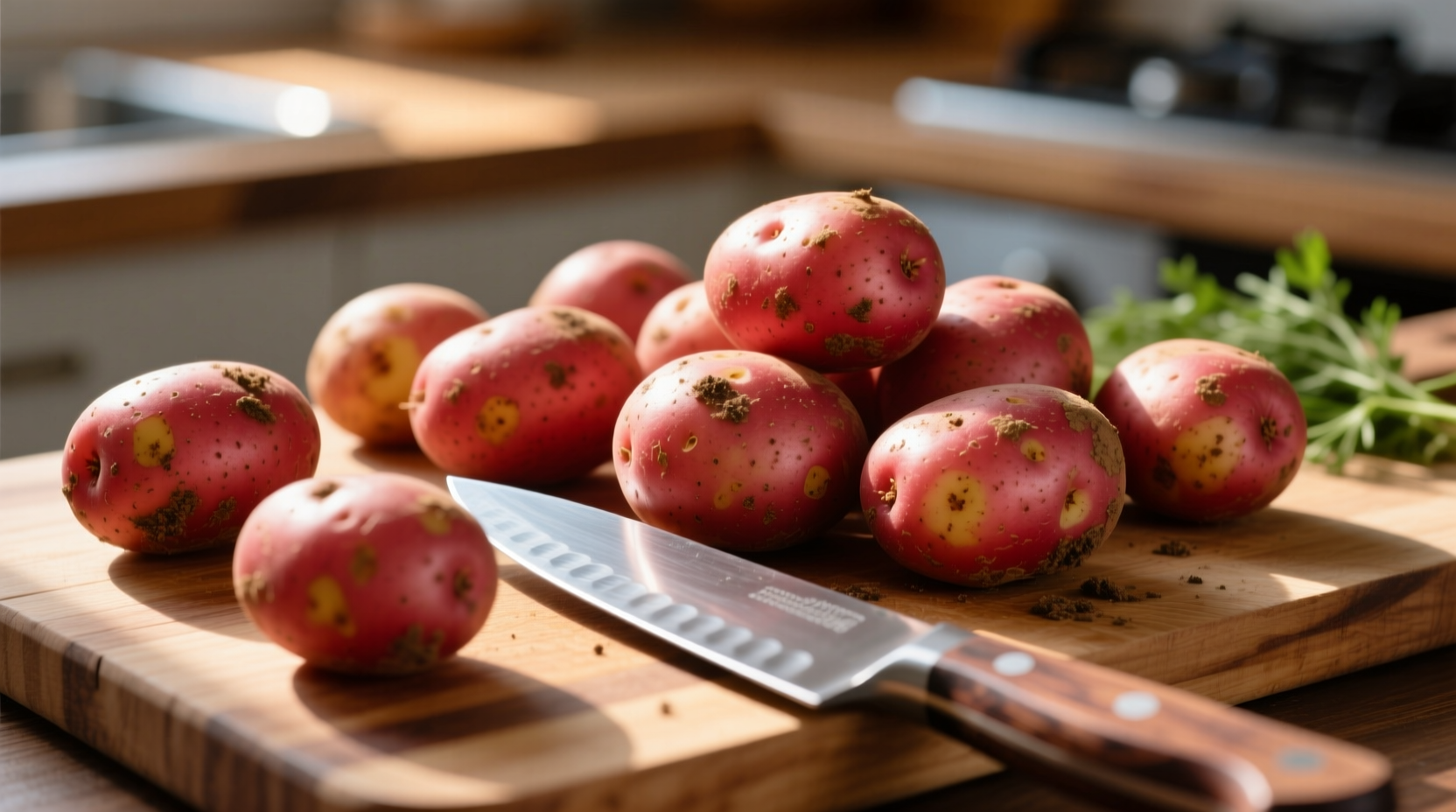 Fresh red potatoes with skin on cutting board