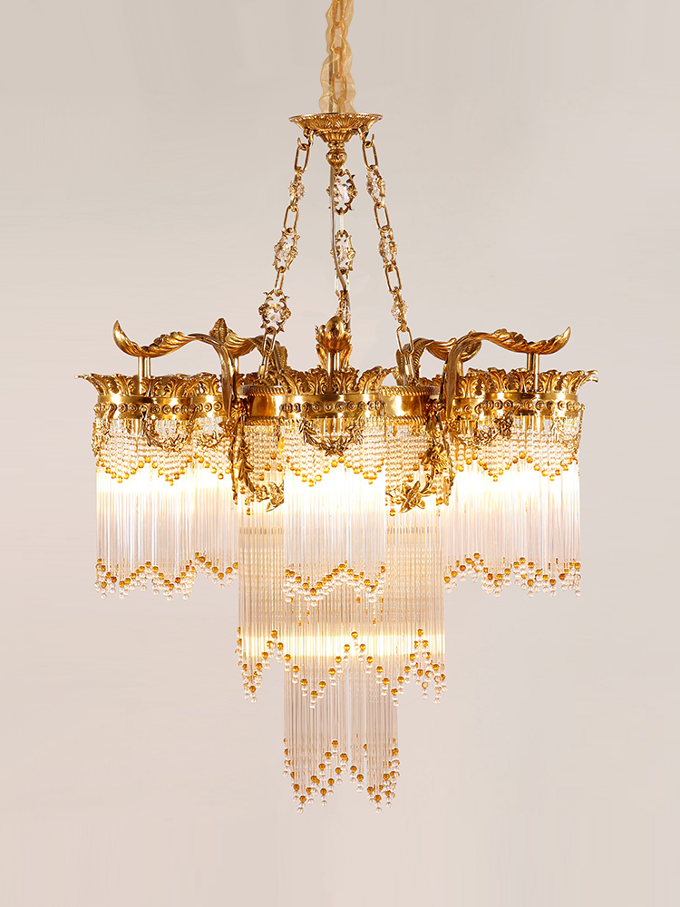copper light pendant chandelier lamps gold color K9 crystal pure copper lamp for villa decoration