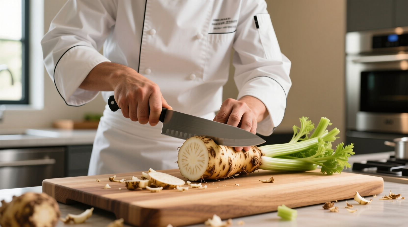 Chef preparing celery root with knife on cutting board