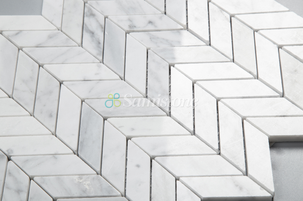 Saimstone White Marble Carrara Chevron Mosaic Tile for Bathroom