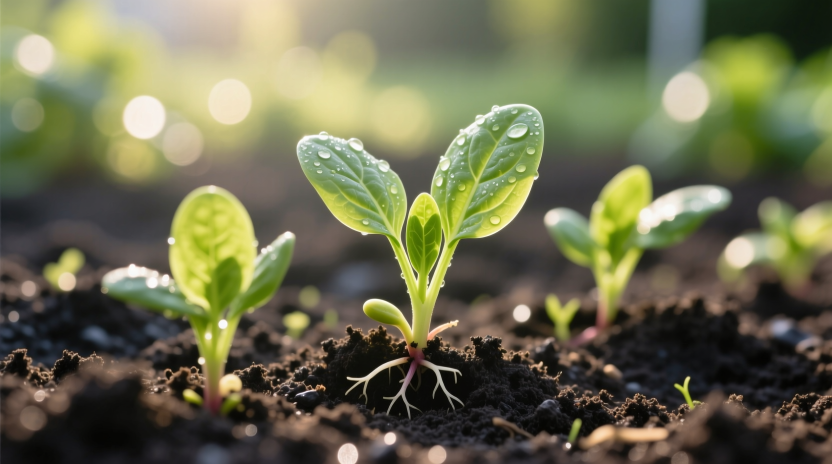 Fresh spinach seedlings in garden soil