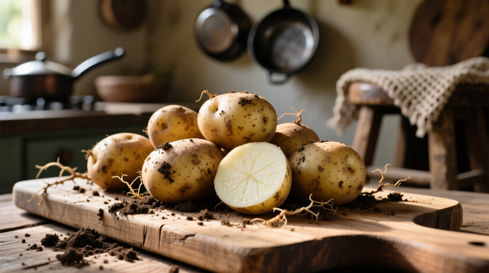 Fresh potatoes on wooden cutting board