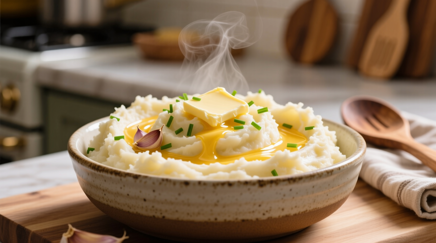 Creamy homemade mashed potatoes with melted butter swirls