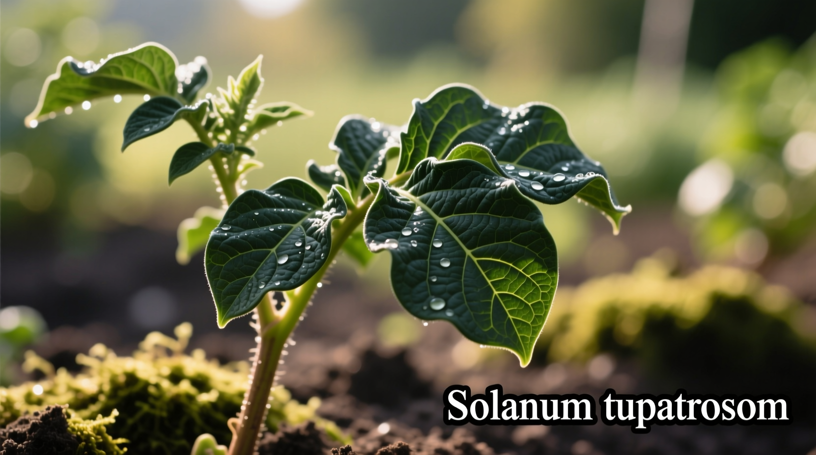 Close-up of dark green potato leaves with wavy edges on stem