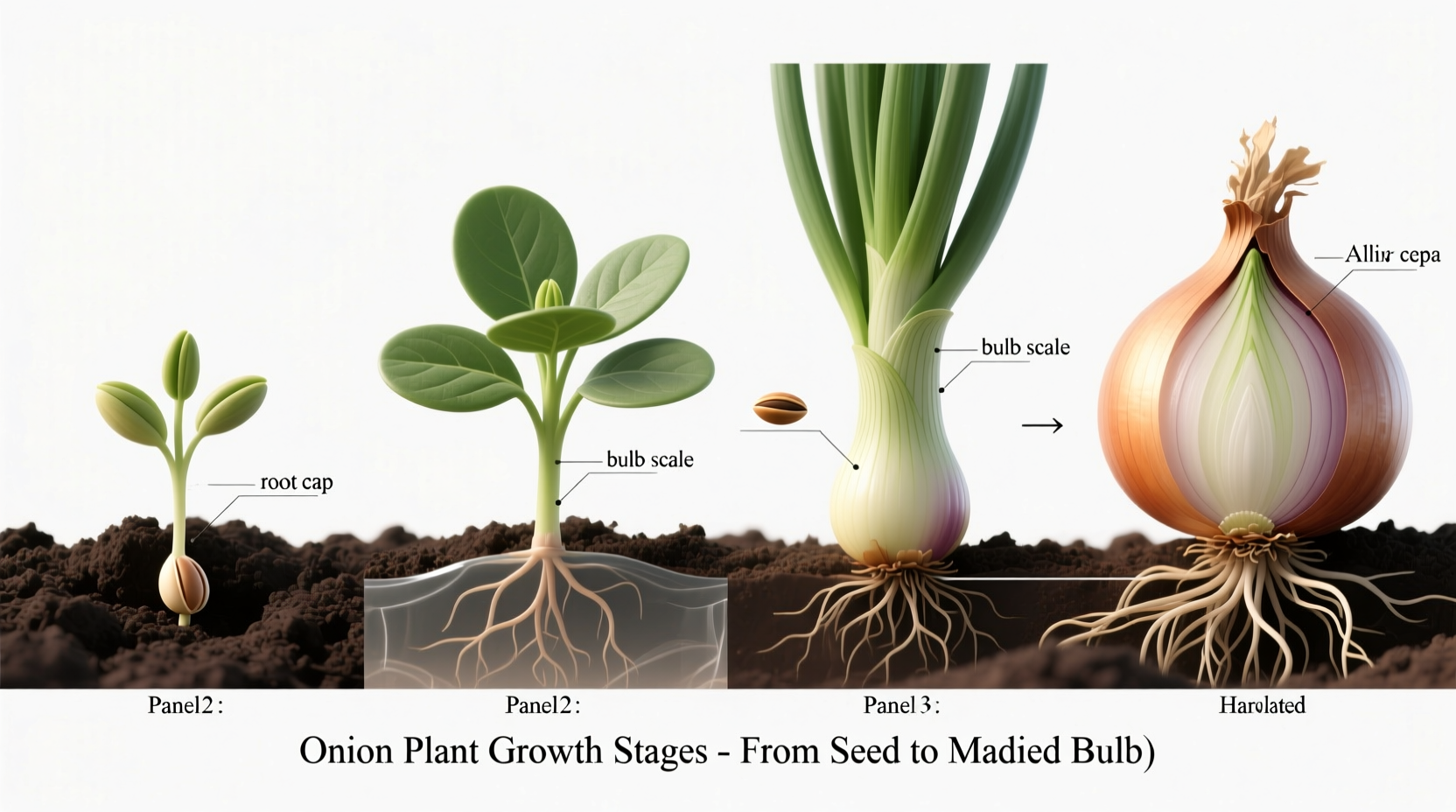 Onion plant growth stages from seed to mature bulb