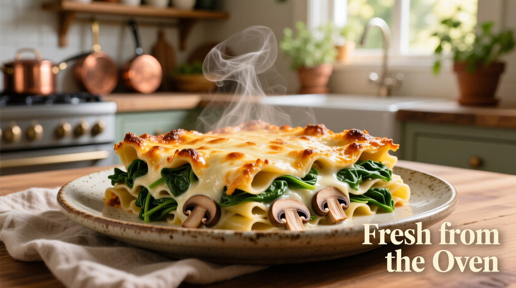 Bubbling mushroom and spinach lasagna fresh from oven