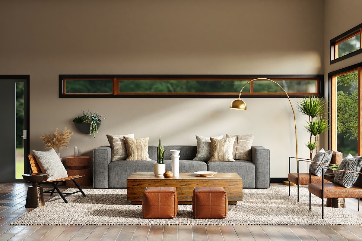 Warm living room interior featuring a dramatic accent wall with rich color and texture
