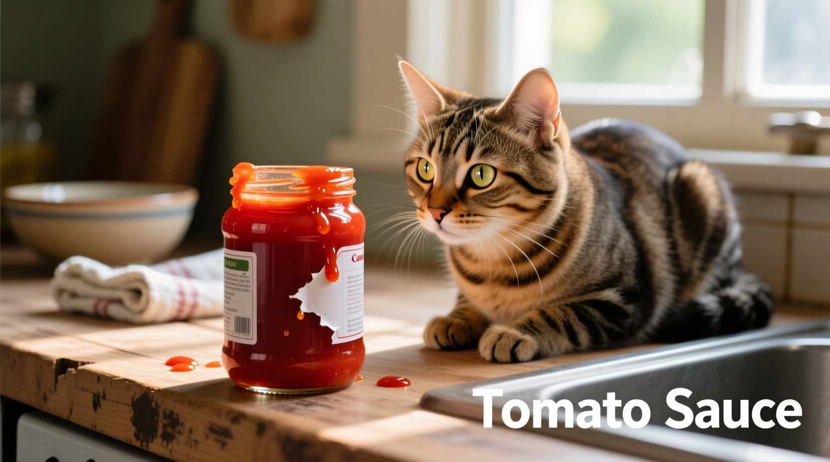 Cat looking at tomato sauce on kitchen counter