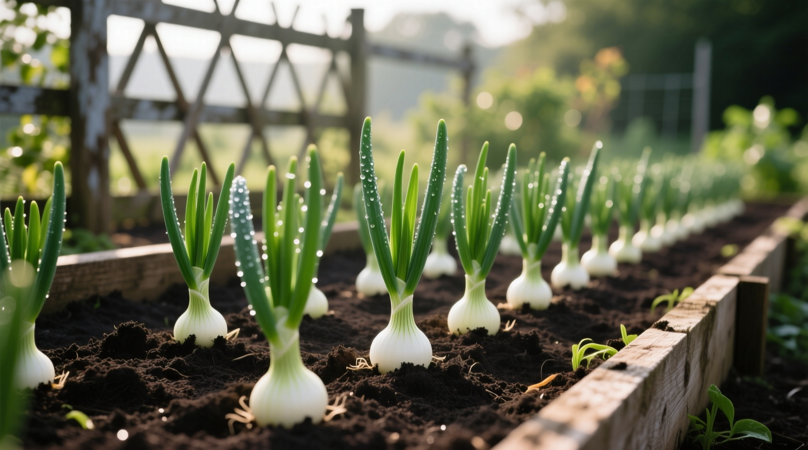 Properly spaced onion plants in garden bed