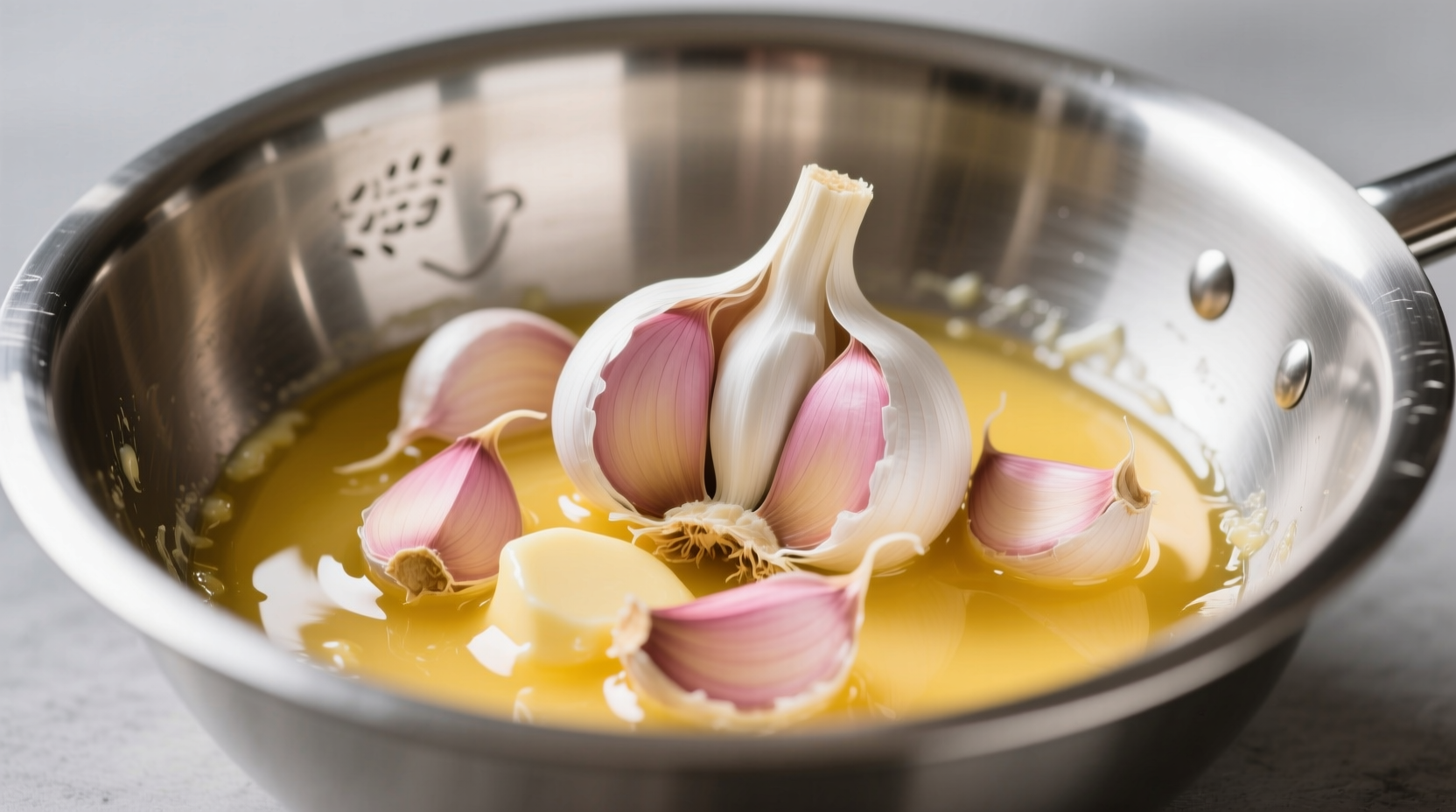 Fresh garlic cloves mixed with golden butter in stainless steel bowl