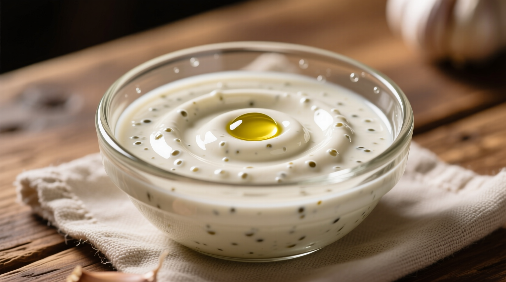Creamy white toum garlic sauce in glass bowl