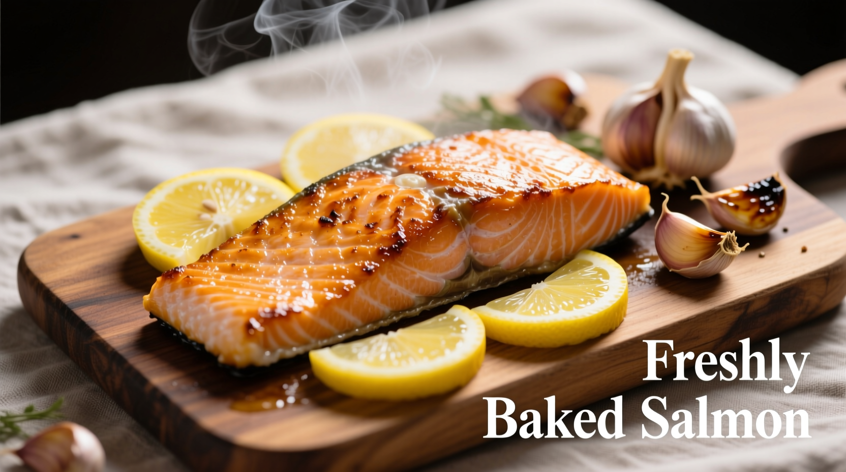Perfectly baked salmon fillet with lemon slices and garlic