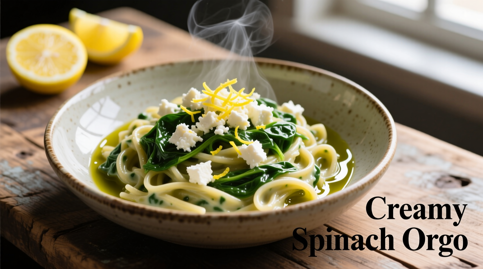 Creamy spinach orzo with feta and lemon garnish