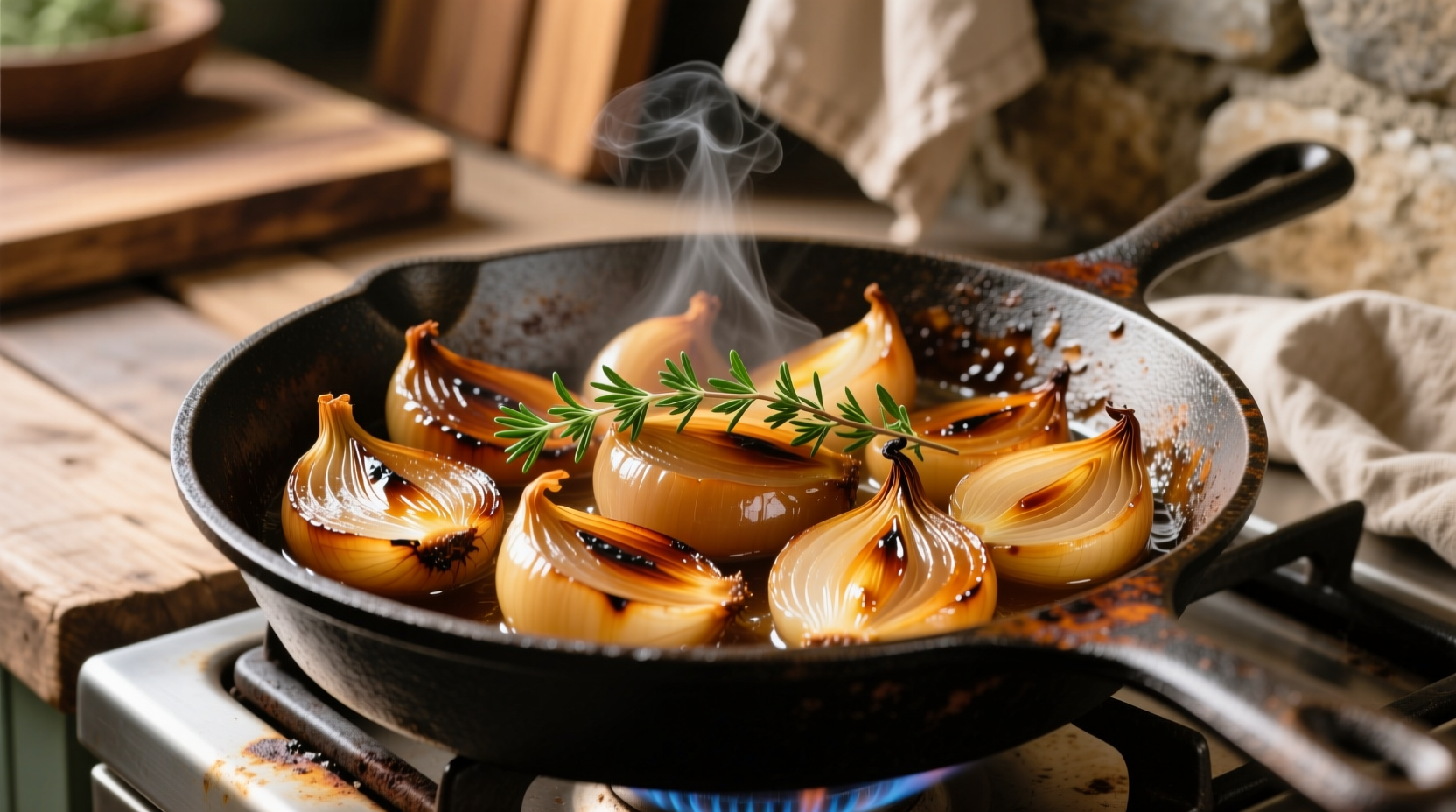 Golden brown braised onions in cast iron skillet with fresh thyme