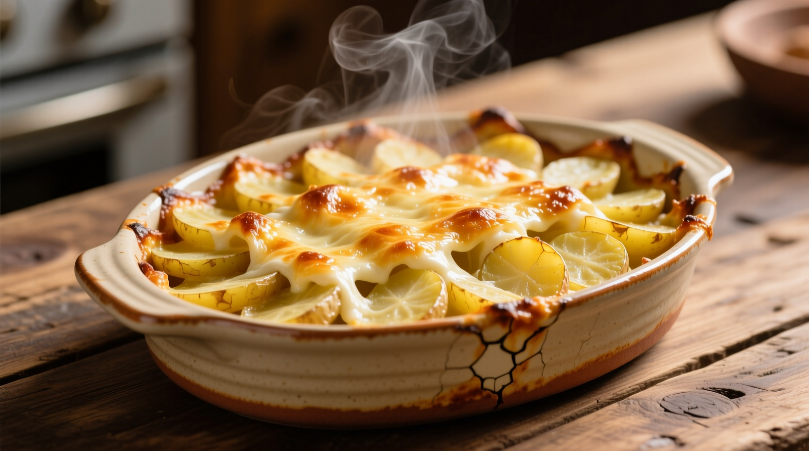 Perfectly golden sliced potato gratin in ceramic dish