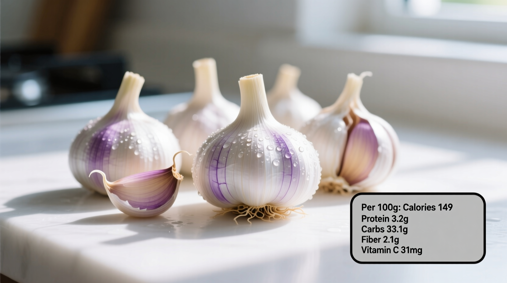 Fresh garlic cloves with nutritional information