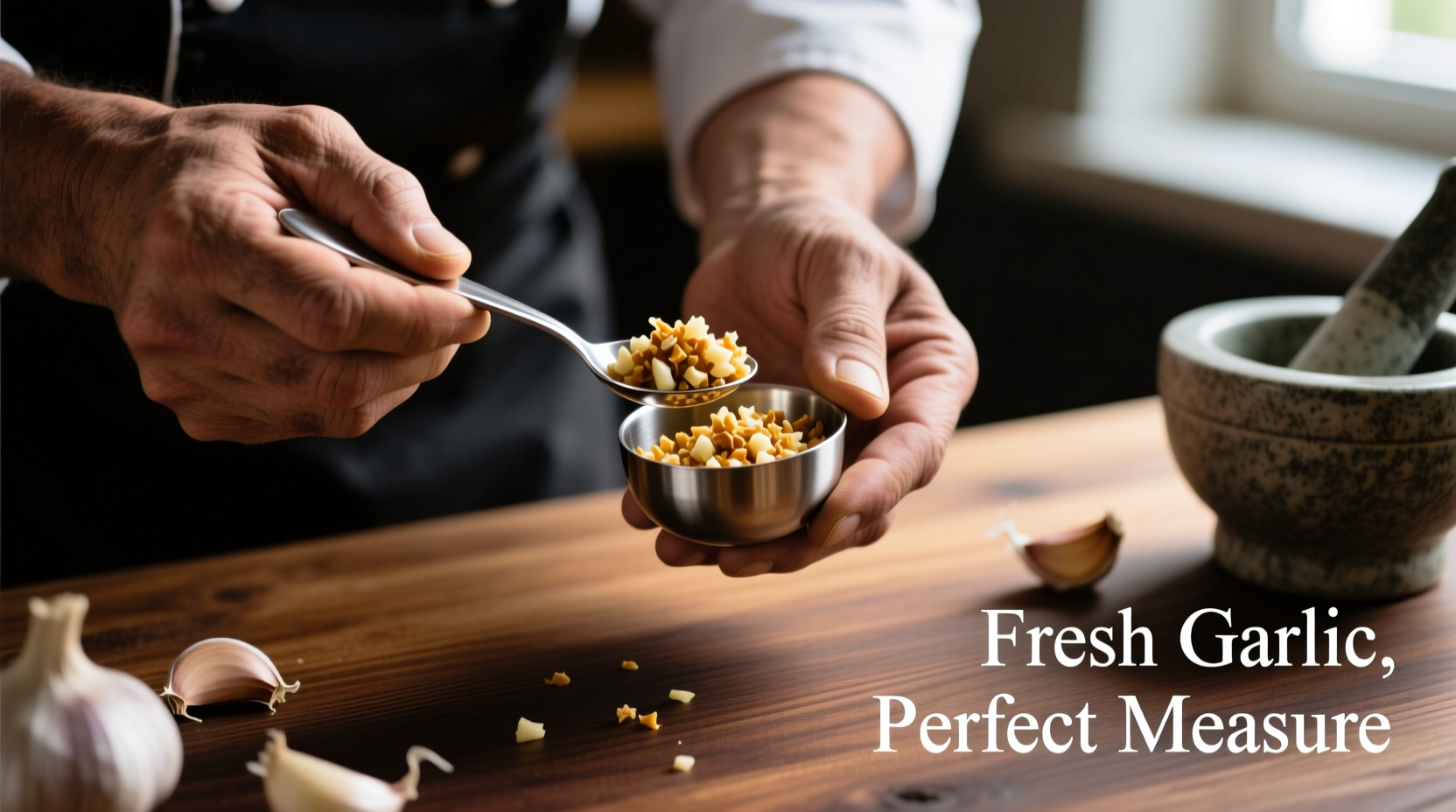 Chef measuring minced garlic in teaspoon