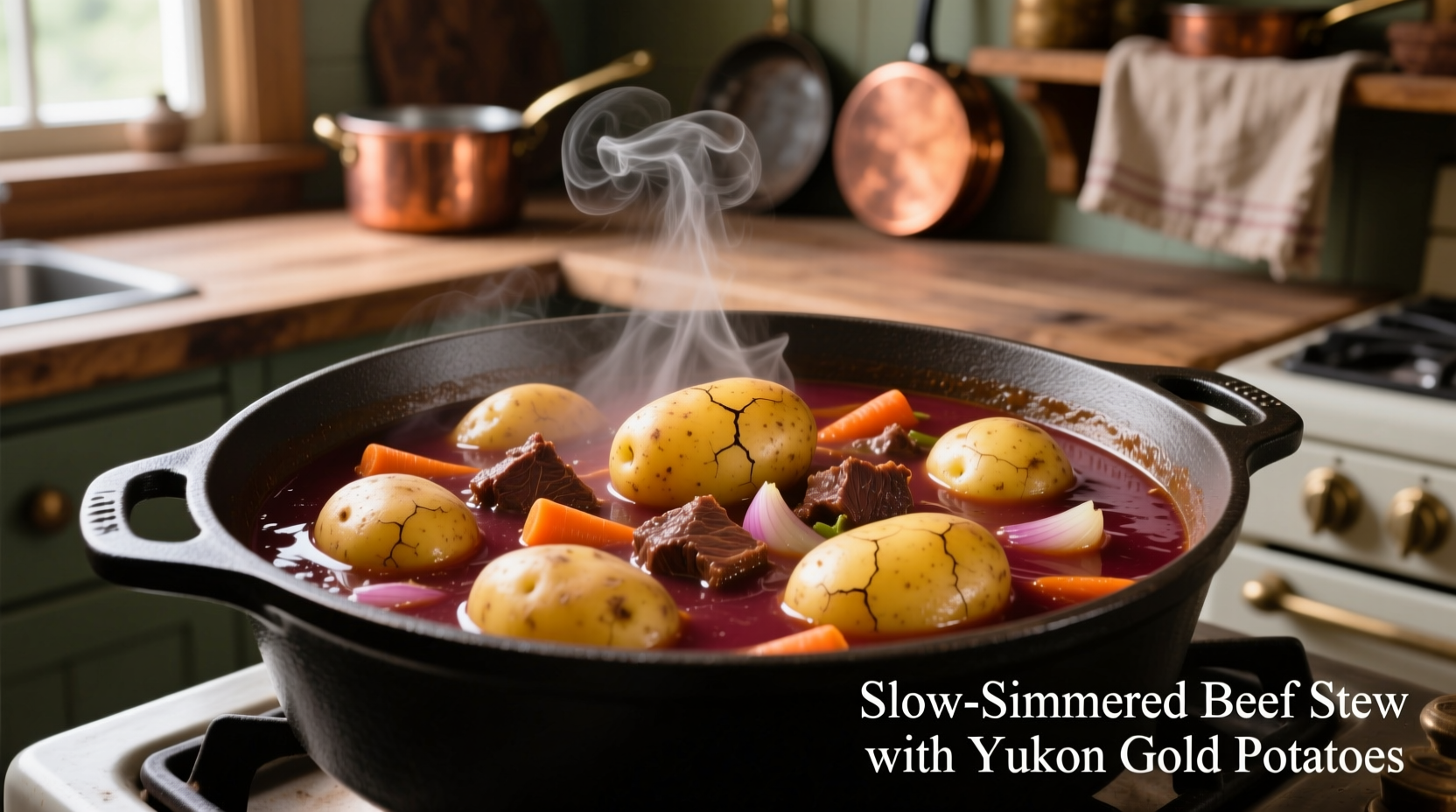 Yukon Gold potatoes simmering in rich beef stew